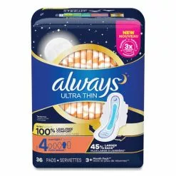 Always® Ultra Thin Overnight Pads With Wings, 36/Pack, 6 Packs/Carton
