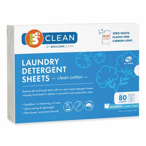 Boulder Clean Laundry Detergent Sheets, Clean Cotton, 40/Pack, 12 Packs/Carton